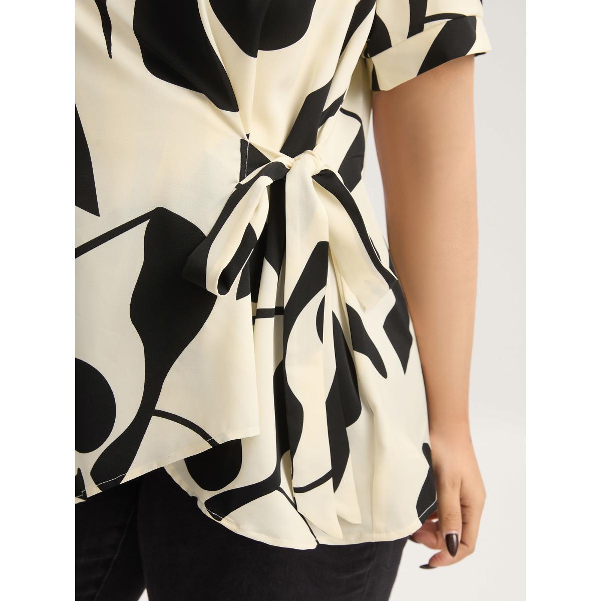 Plus Size Beige Abstract Print Knotted Blouse Women Short sleeve Flat collar with V-notch Work Blouses BloomChic 14-16/1X Product Image