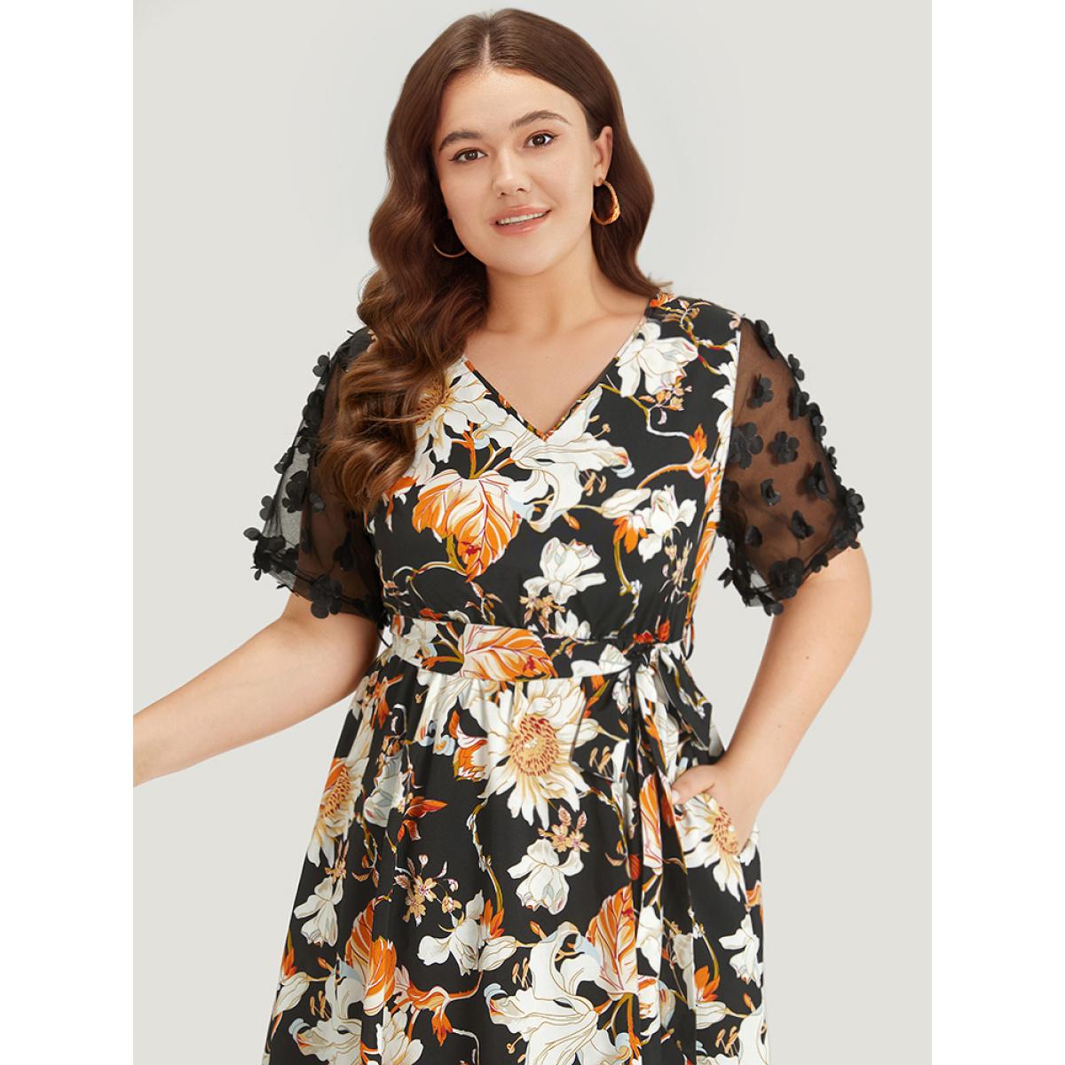 Plus Size Floral Print Mesh Pocket Belted Patchwork Dress Black Women Glamour Belted V-neck Short sleeve Curvy Knee Dress BloomChic 28/5X Product Image