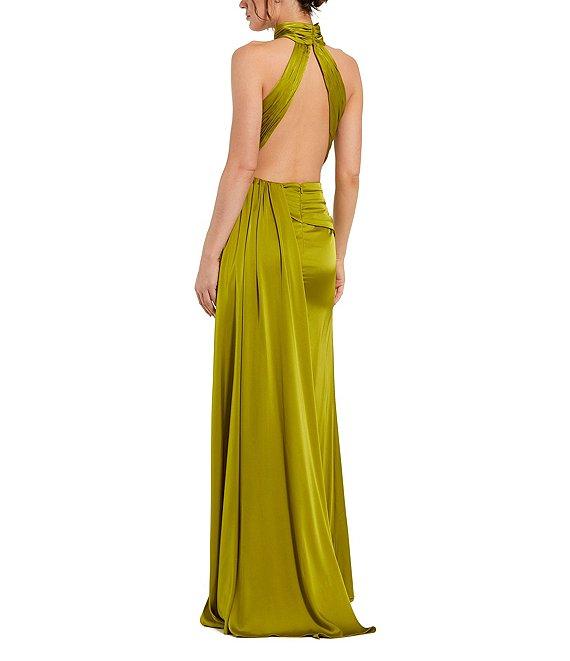 Mac Duggal Satin Halter Mock Neck Sleeveless Side Ruched Gown Product Image