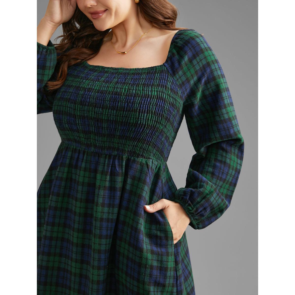 Plus Size Plaid Square Neck Shirred Midi Dress DarkGreen Women Elegant Shirred Square Neck Long Sleeve Curvy BloomChic 14-16/1X Product Image