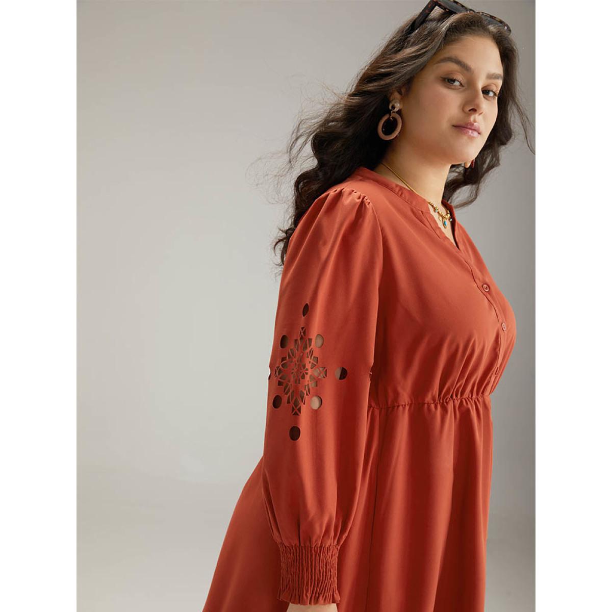 Plus Size Plain Shirred Button Up Laser Cut Dress Maroon Women Vacation Plain Notched collar Long Sleeve Curvy Midi Dress BloomChic 18-20/2X Product Image