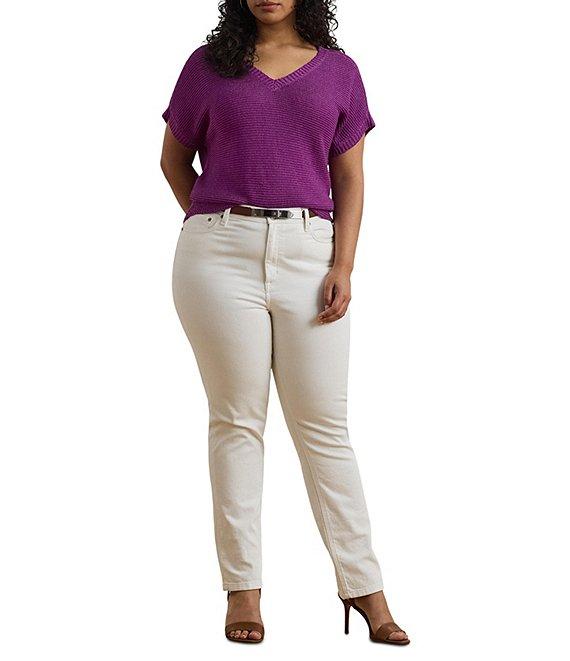 Lauren Ralph Lauren Plus Size Linen Blend V-Neck Short Sleeve Sweater Product Image