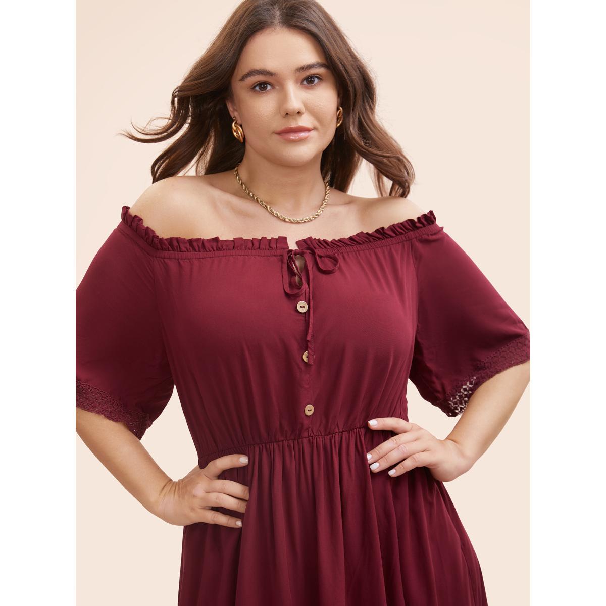 Plus Size Plain Off Shoulder Lace Trim Ruffle Hem Dress Burgundy Women Resort Woven ribbon&lace trim One-shoulder neck Half Sleeve Curvy BloomChic 28/5X Product Image