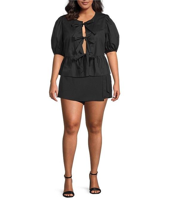 Sugarlips Plus Tie-Front Puffed Sleeve Woven Top Product Image