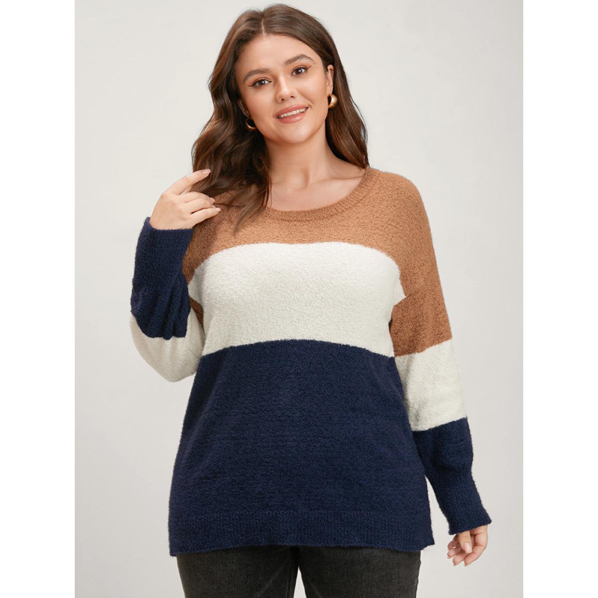 Plus Size Colorblock Contrast Super Soft Knit Round Neck Knit Top Multicolor Women Casual Loose Long Sleeve Dailywear Pullovers BloomChic 12/L Product Image