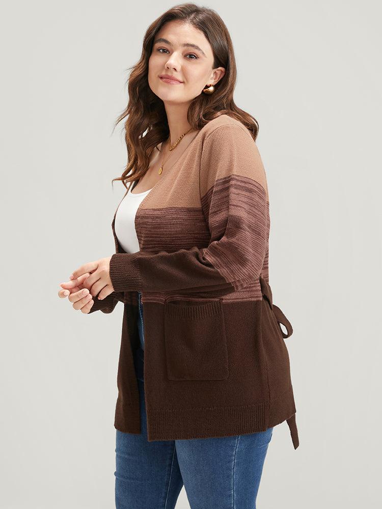 Colorblock Contrast Pointelle Knit Pocket Belted Open Front Cardigan Female Product Image