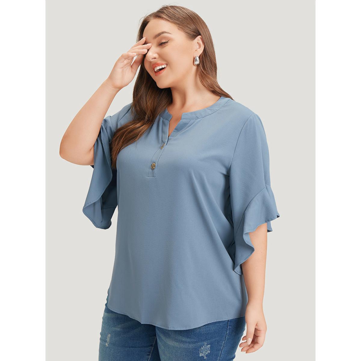 Plus Size Stone Anti-Wrinkle Plain Notched Flutter Sleeve Button Up Blouse Women Office Short sleeve Notched collar Work Blouses BloomChic 26/4X Product Image