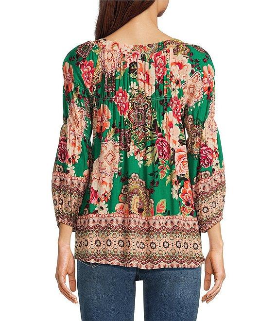 Figueroa & Flower Woven Border Print Square Neck 3/4 Sleeve Blouse Product Image