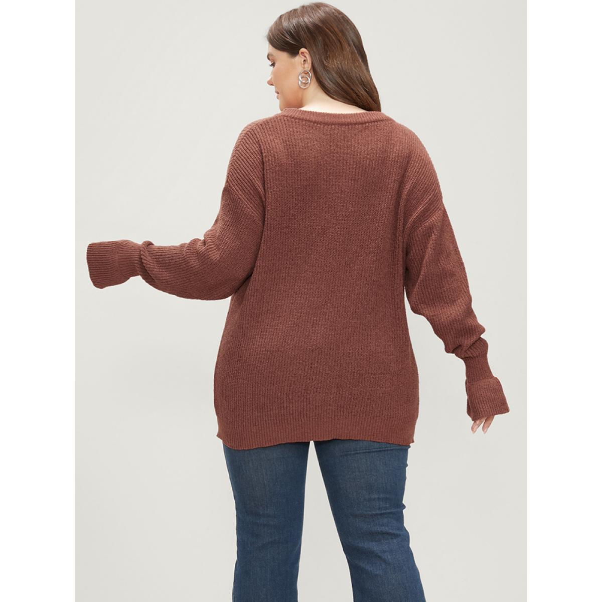 Plus Size Solid Pointelle Knit Round Neck Bell Sleeve Knit Top Bronze Women Casual Loose Long Sleeve Dailywear Pullovers BloomChic 26/4X Product Image