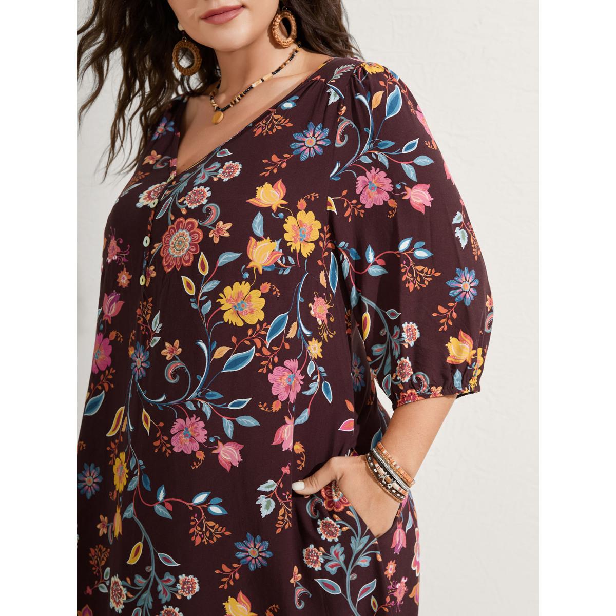 Plus Size Rayon Boho Floral Placket Midi Dress Deeppurplered Women V-neck Elbow-length sleeve Curvy BloomChic 26/4X Product Image