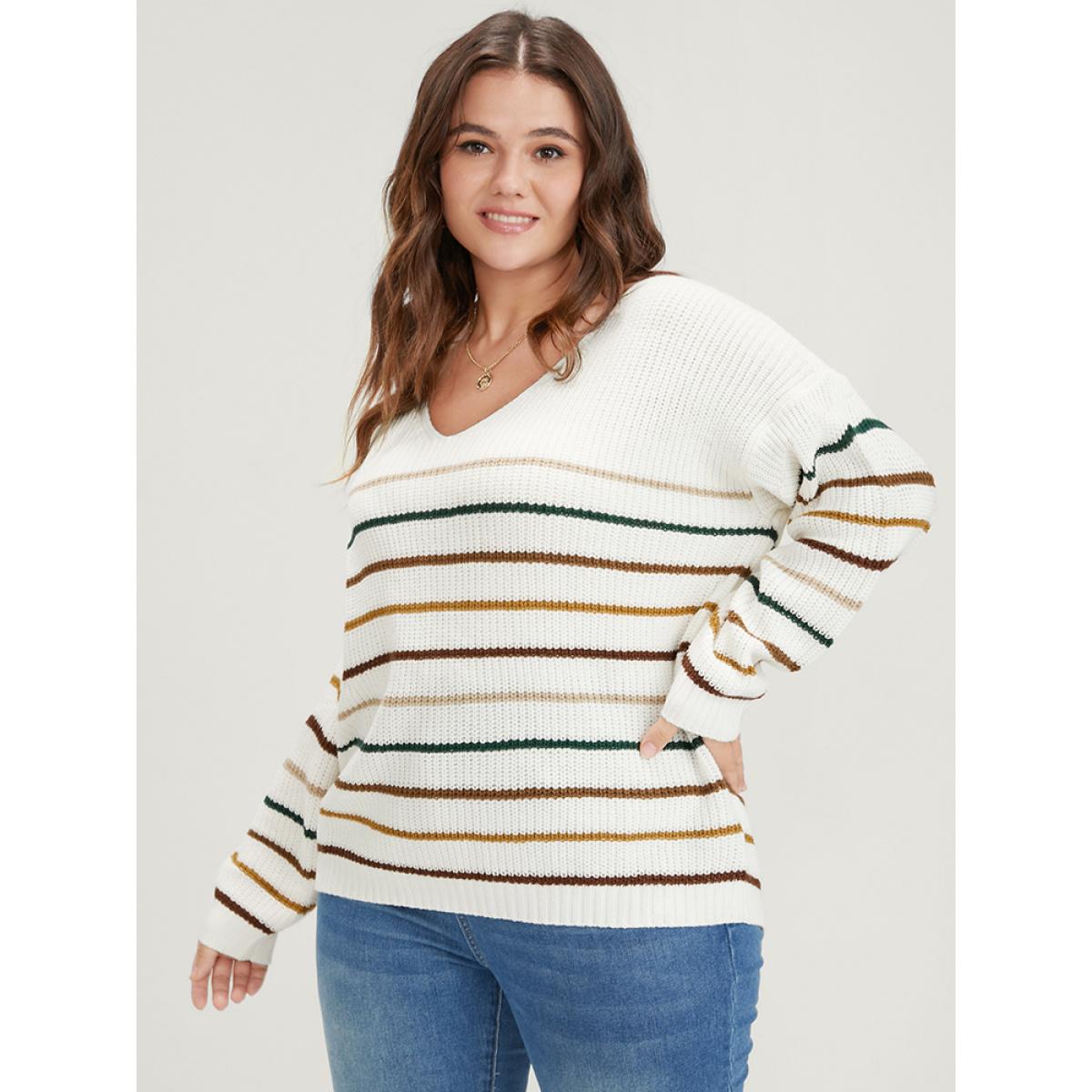 Plus Size Striped Contrast Pointelle Knit V Neck Knit Top White Women Elegant Loose Long Sleeve V-neck Dailywear Pullovers BloomChic 18-20/2X Product Image