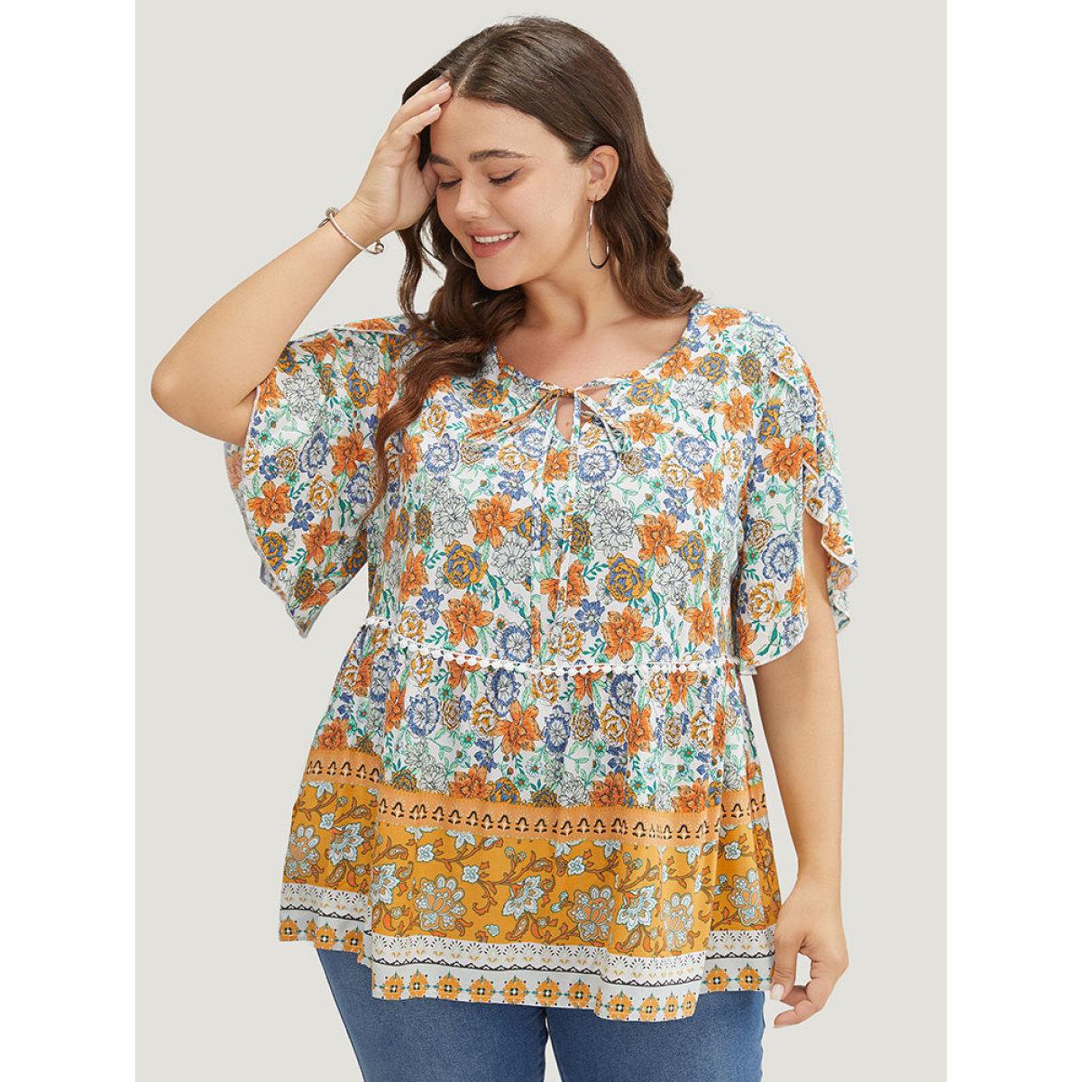 Plus Size Gold Bandana Print Petal Sleeve Tie Neck Pompom Trim Blouse Women Vacation Short sleeve Tie Neck Dailywear Blouses BloomChic 14-16/1X Product Image