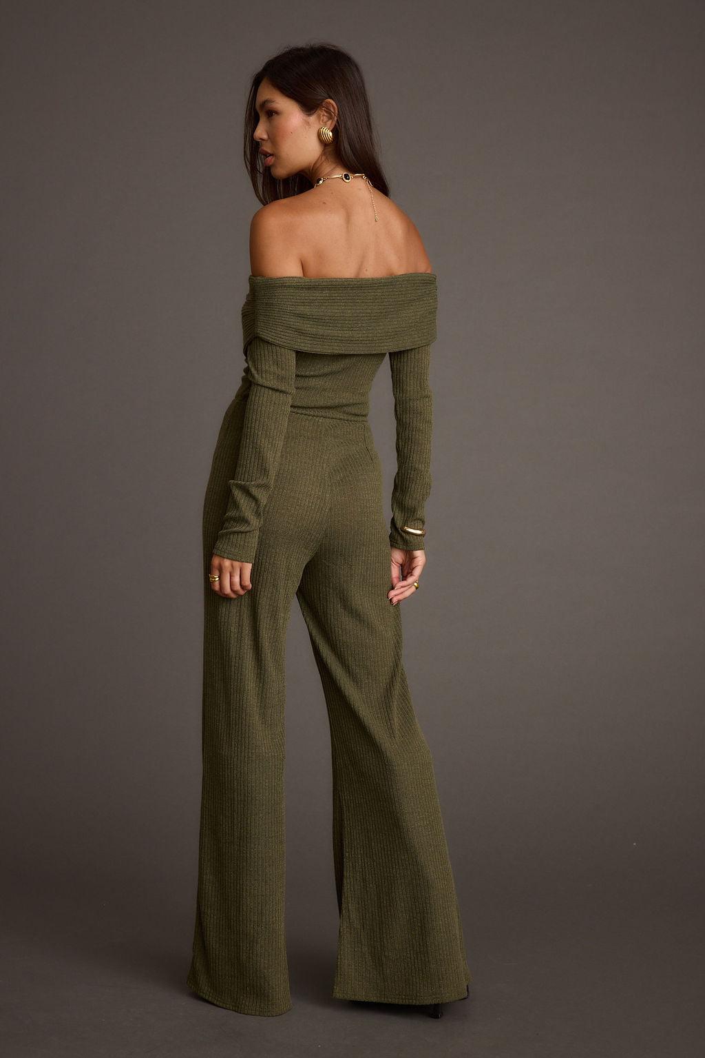 Greenwich Olive Knit Off The Shoulder Jumpsuit Product Image
