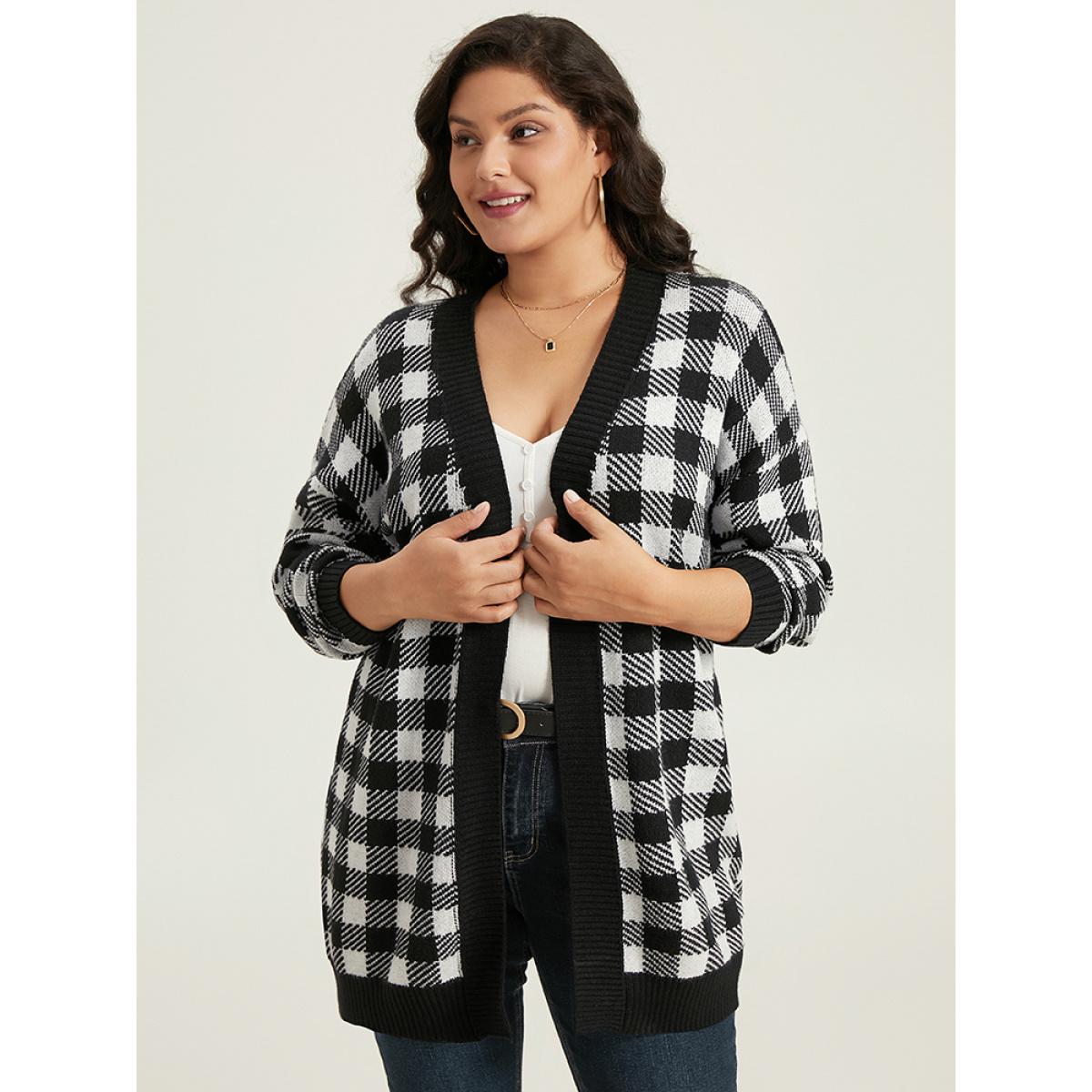 Plus Size Supersoft Essentials Plaid Elastic Cuffs Cardigan Black Women Casual Loose Long Sleeve Dailywear Cardigans BloomChic 22-24/3X Product Image
