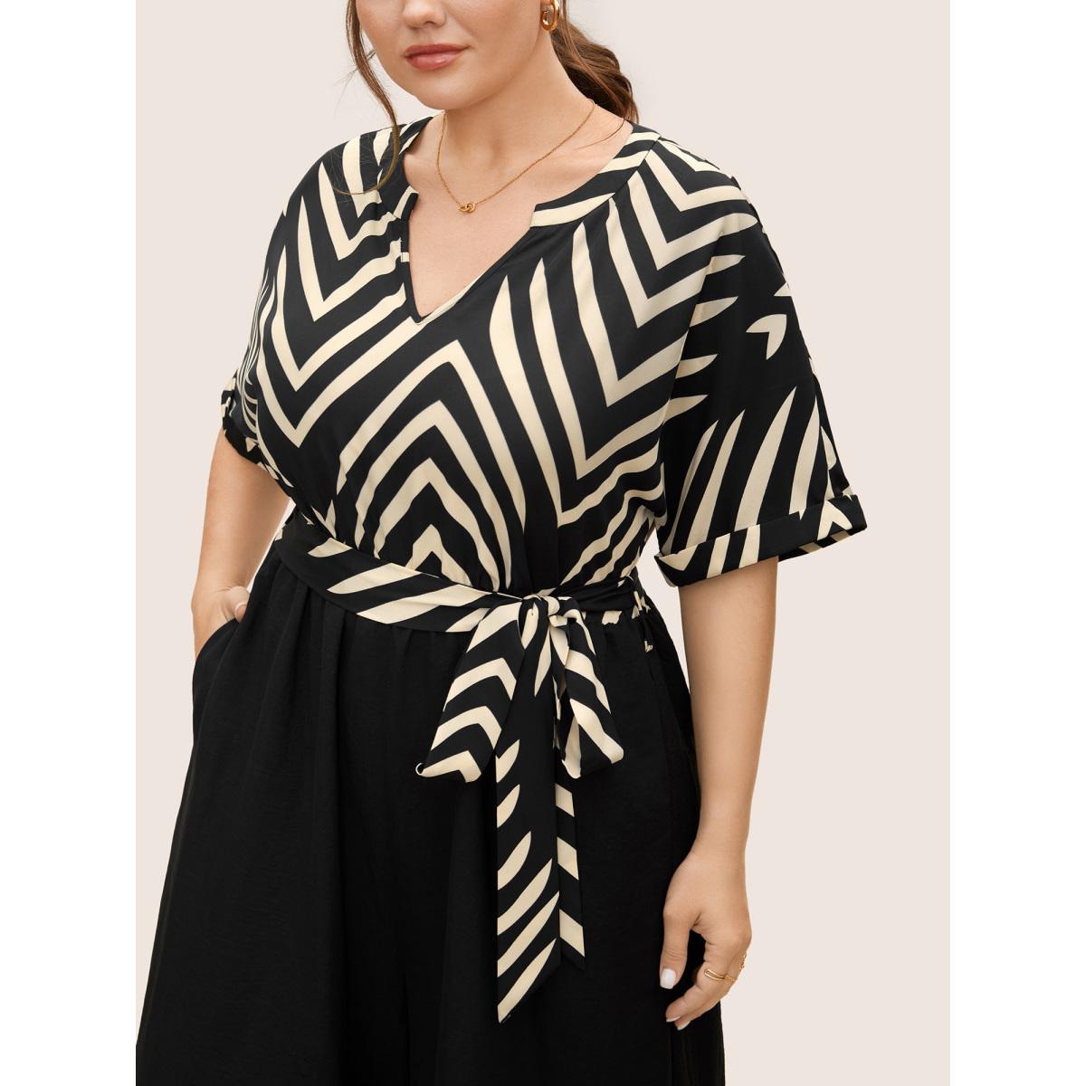 Plus Size Black Striped Patchwork Knot Cuffed Sleeve Jumpsuit Women Work From Home Half Sleeve Flat collar with V-notch Office Loose Jumpsuits BloomChic 30/6X Product Image