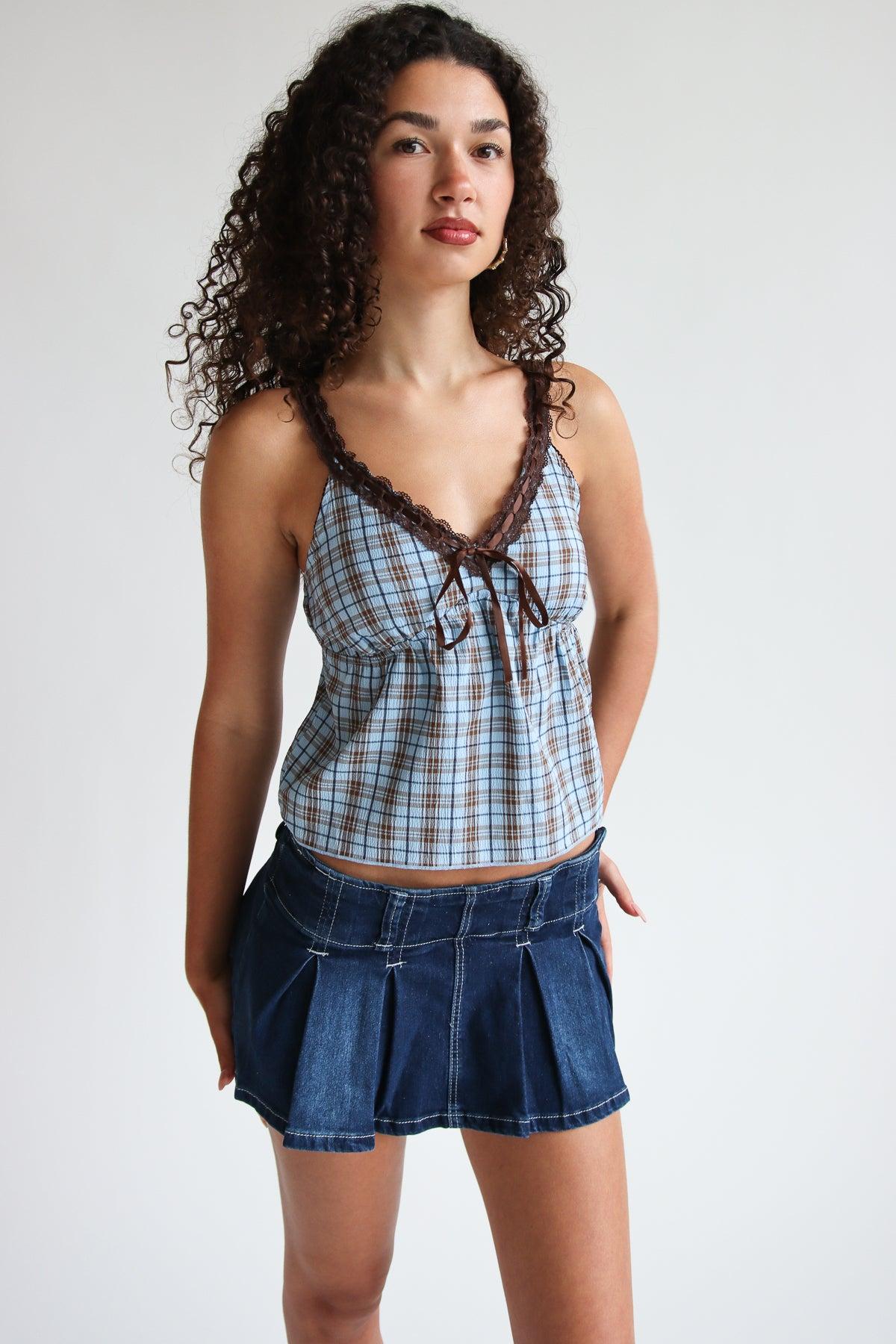 Low Rise Denim Pleated Mini Skort Product Image