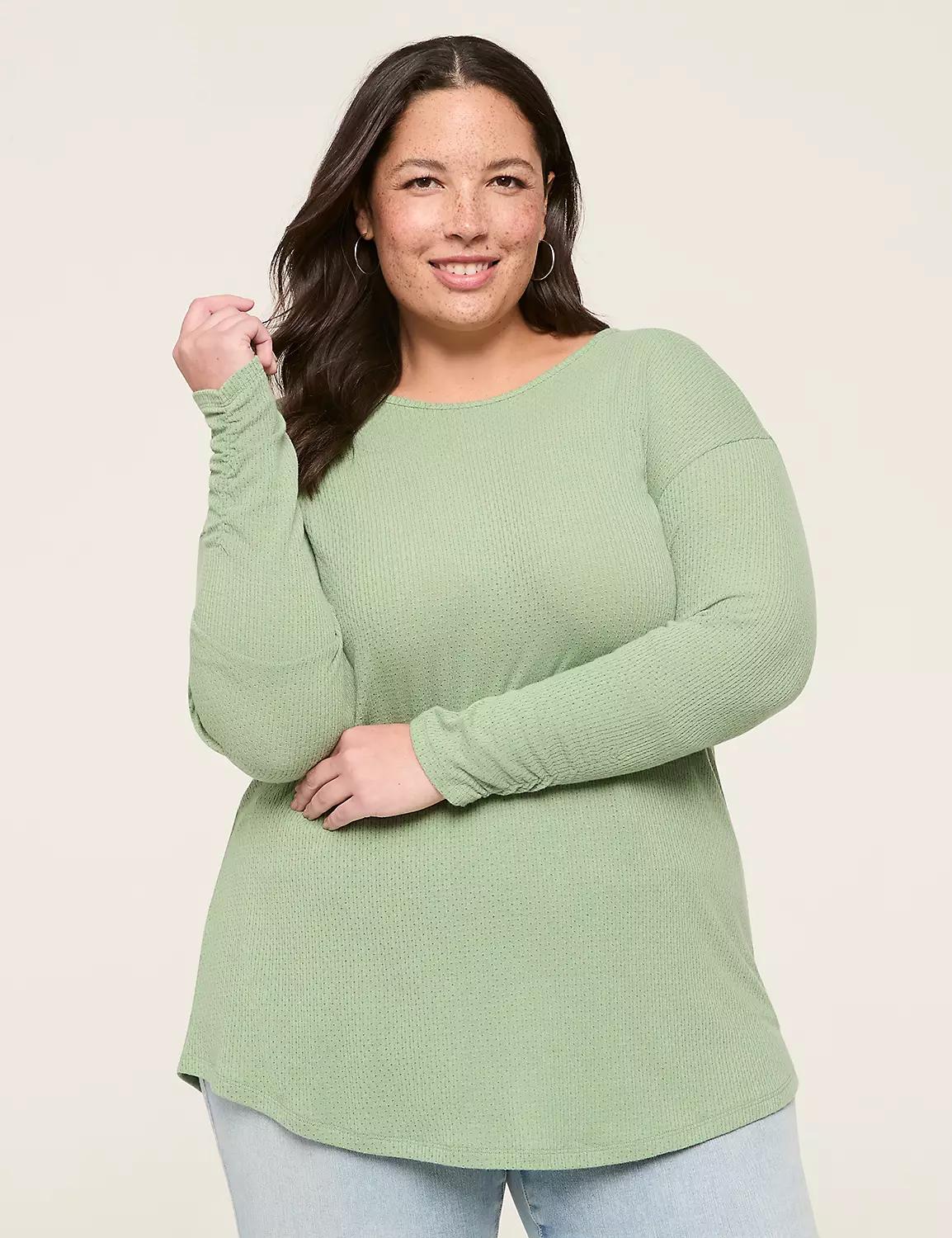 Ruched-Cuff Crew-Neck Top Product Image