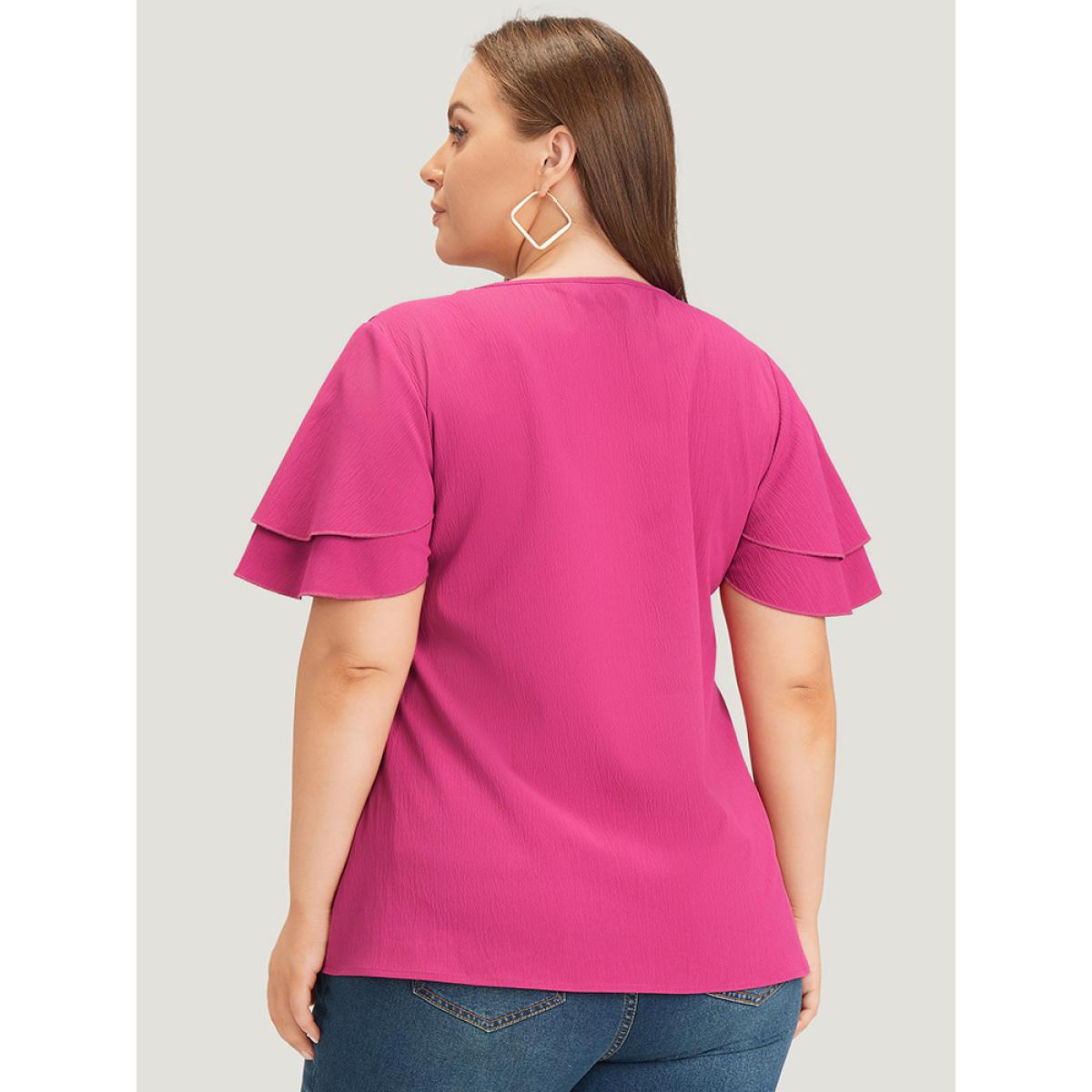 Plus Size RedViolet Solid Tie Neck Shirred Flutter Layered Sleeve Blouse Women Elegant Short sleeve Tie Neck Dailywear Blouses BloomChic 30/6X Product Image