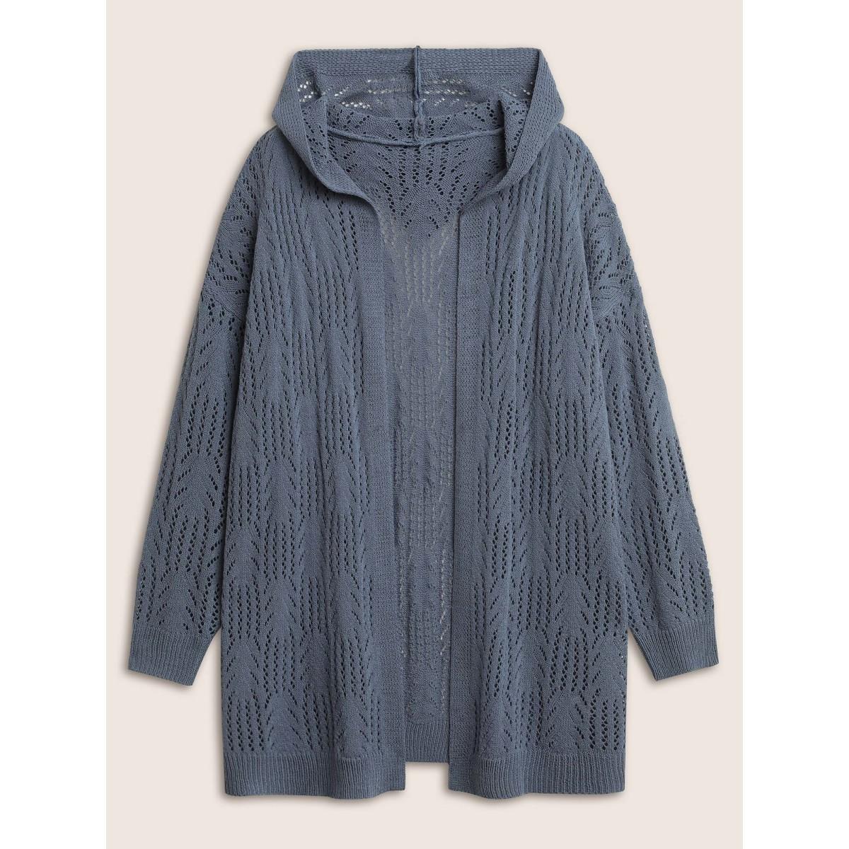 Plus Size Solid Hollow Out Hooded Cardigan Stone Women Casual Long Sleeve Everyday Cardigans BloomChic 12/L Product Image