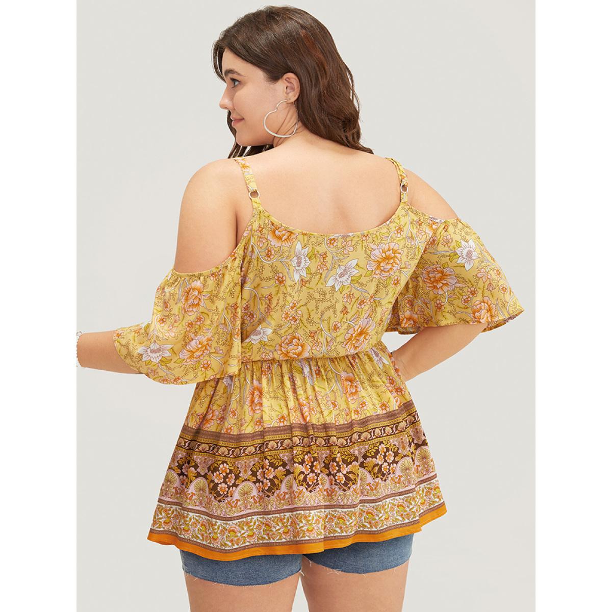 Plus Size Yellow Floral Print Tie Neck Keyhole Ruffles Cold Shoulder Blouse Women Elegant Short sleeve Cold Shoulder Dailywear Blouses BloomChic 14-16/1X Product Image