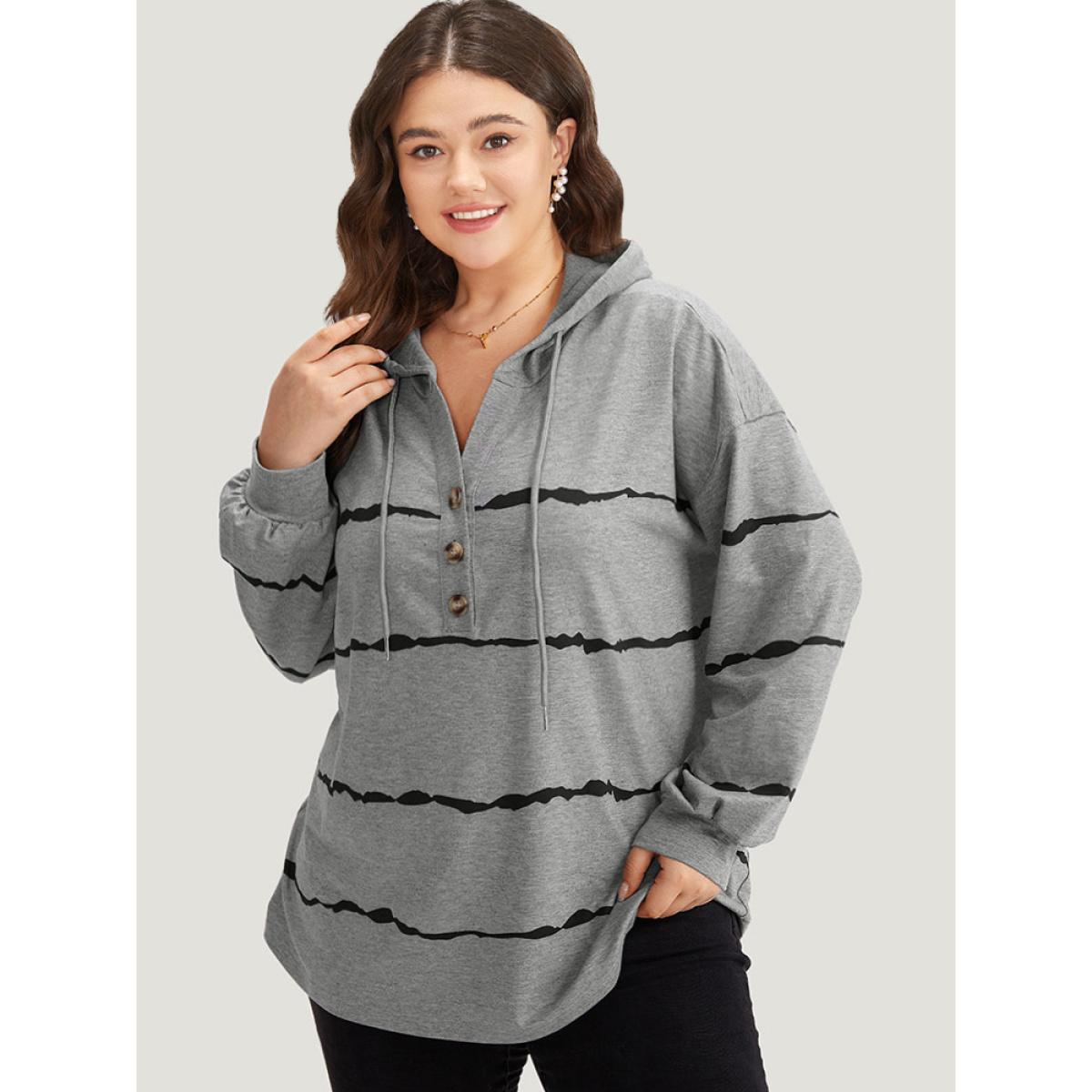 Plus Size Striped Drawstring Hooded Button Up Sweatshirt Women Gray Casual Elastic cuffs Hooded Dailywear Sweatshirts BloomChic 12/L Product Image