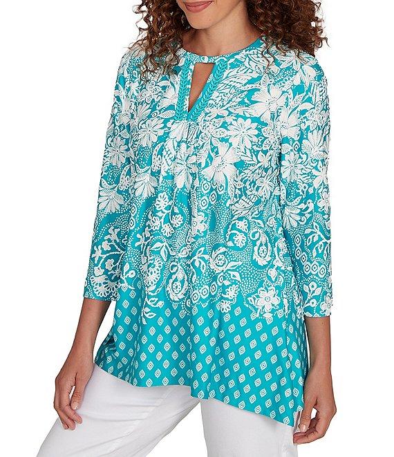 Ruby Rd. Knit Floral Border Print Keyhole Neck 3/4 Sleeve Top Product Image