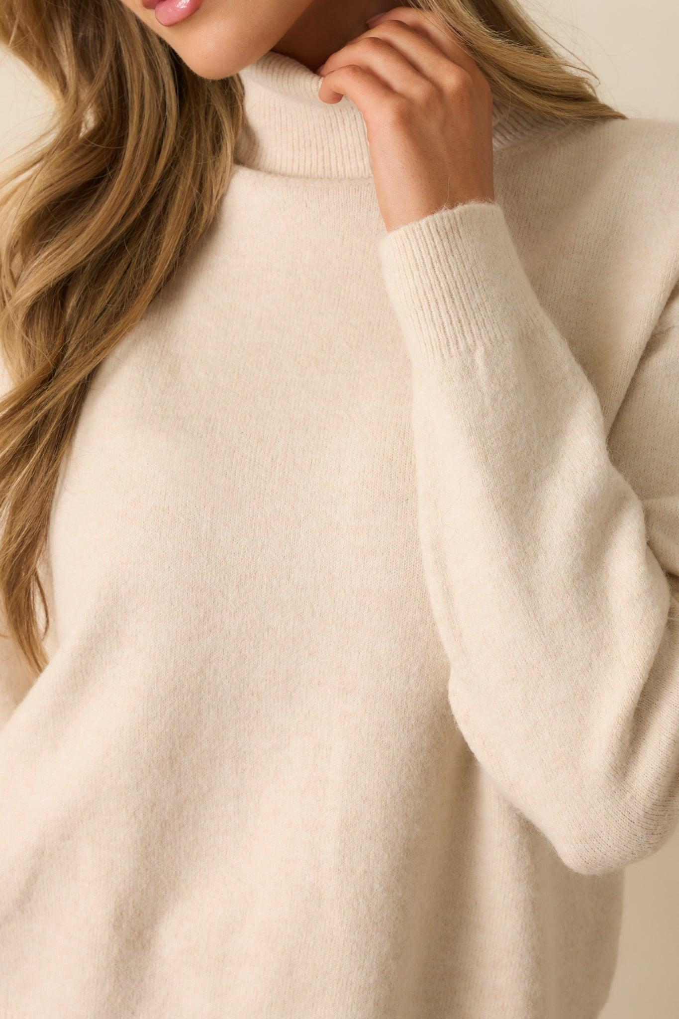 For The Best Light Beige Knit Long Sleeve Turtleneck Sweater Product Image