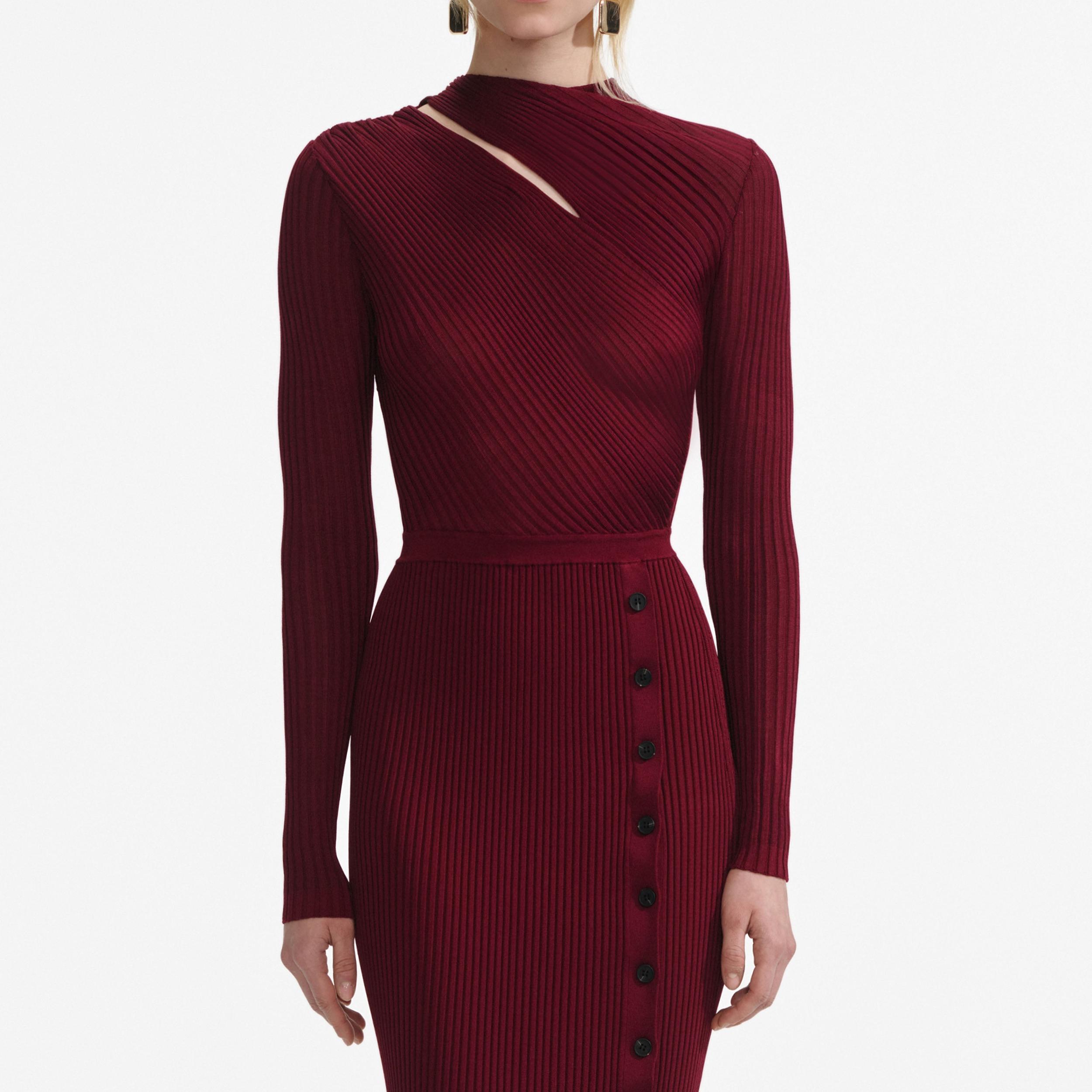 Burgundy Cut Out Rib Knit Midi Dress Product Image