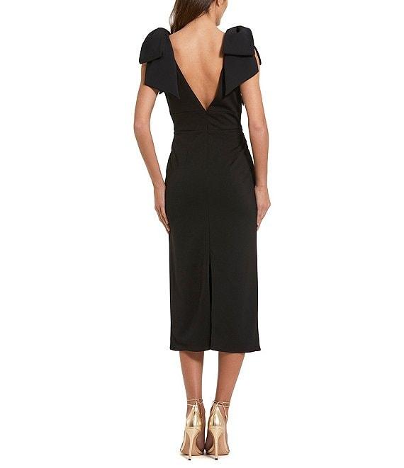 Mac Duggal Crepe V-Neck Sleeveless Bow Shoulder Midi Sheath Dress Product Image