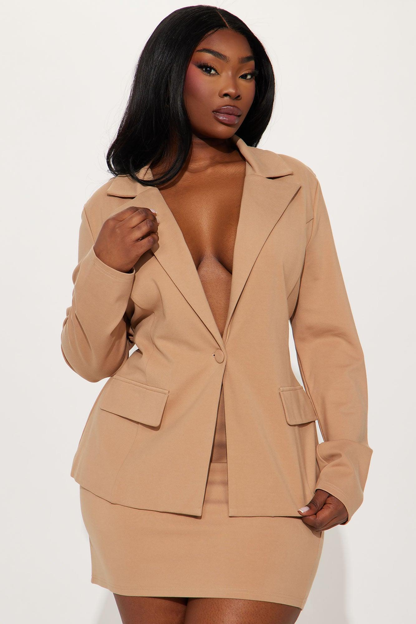 The Mia Double Lined Ponte Blazer Skirt Set - Tan Product Image
