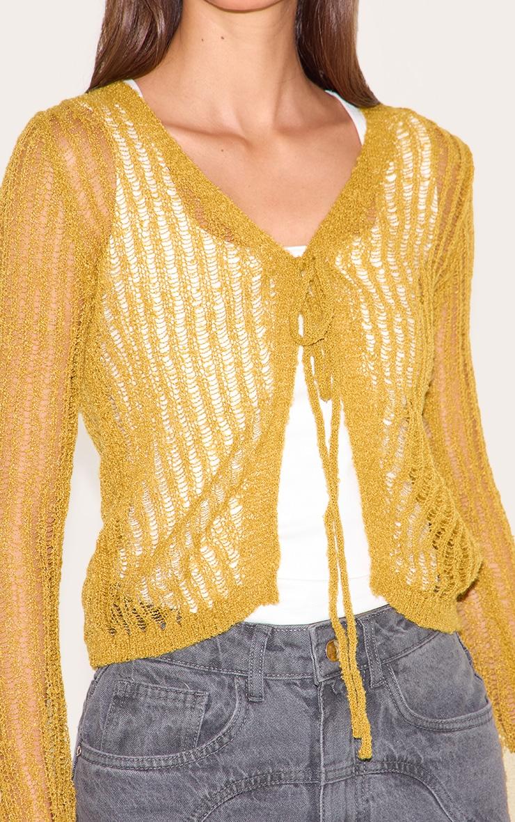 Olive Ladder Knit Sheer Cropped Tie Front Top Product Image