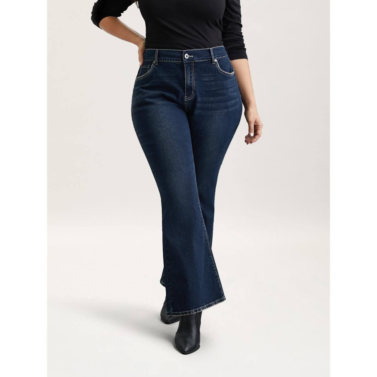 Plus Size Whiskered Stretchy Waist Bootcut Jeans Women Darkindigo Elegant Button Medium stretch Slanted pocket Jeans BloomChic 20/2X Product Image