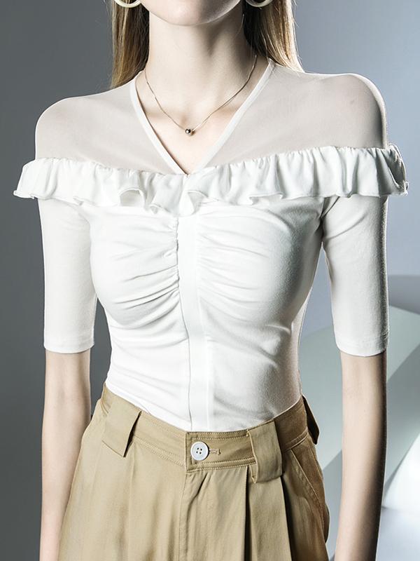 Half Sleeves Skinny Pleated Ruffle Trim Solid Color Split-Joint V-Neck T-Shirts Tops Product Image