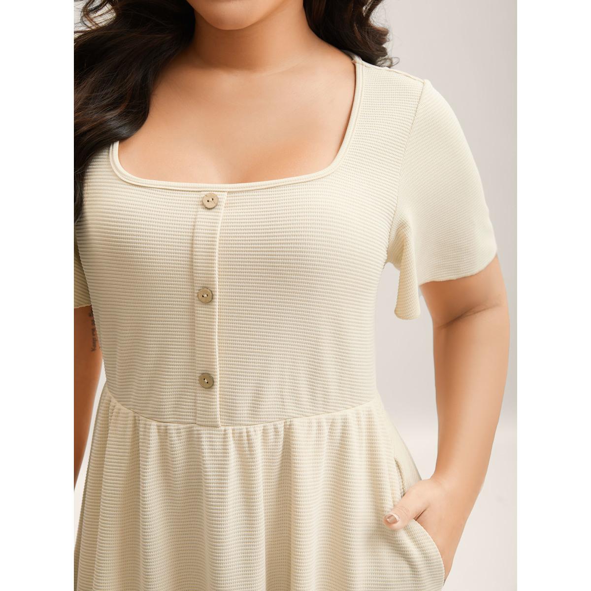 Plus Size Waffle Button Detail Round Neck Midi Dress Apricot Women Elegant Texture Square Neck Short sleeve Curvy BloomChic 14-16/1X Product Image