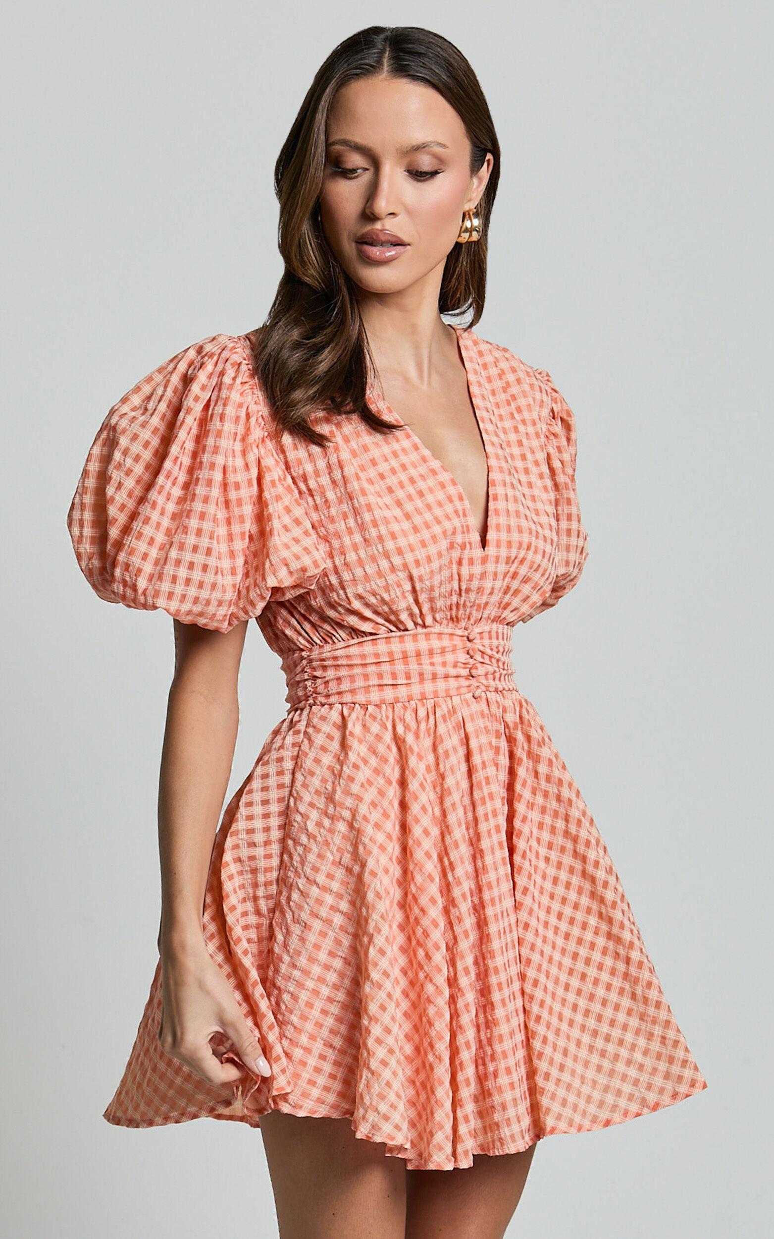 Xandy Mini Dress - Textured Puff Sleeve Plunge Dress in Peach Product Image