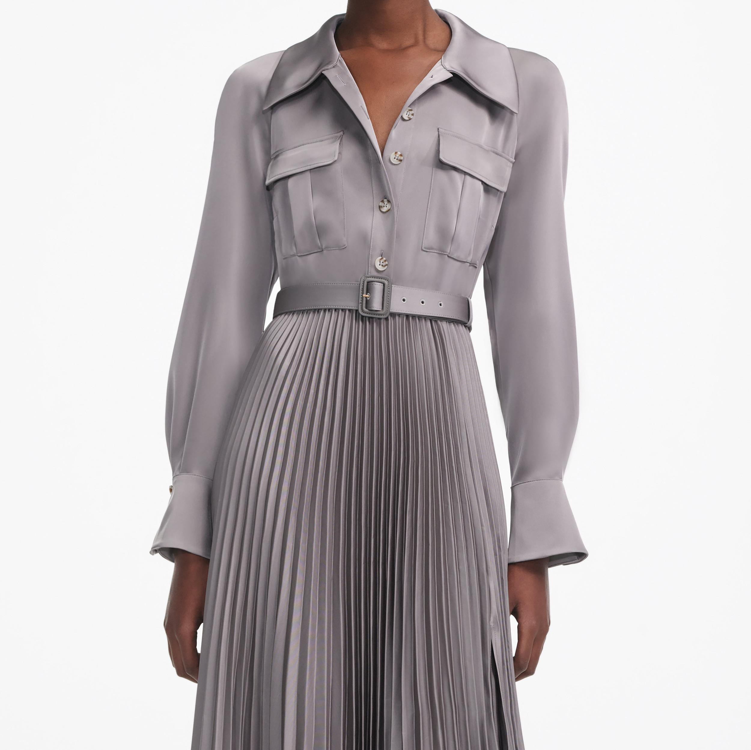 Grey Satin Pleated Maxi Dress Product Image