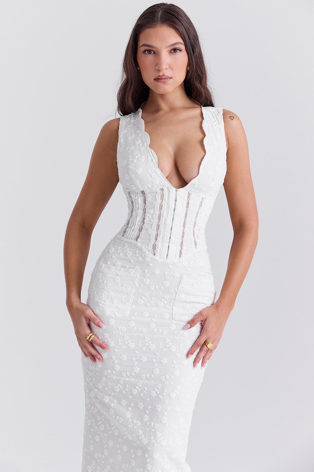 Sophina  white cotton broderie anglais plunge maxi dress Product Image