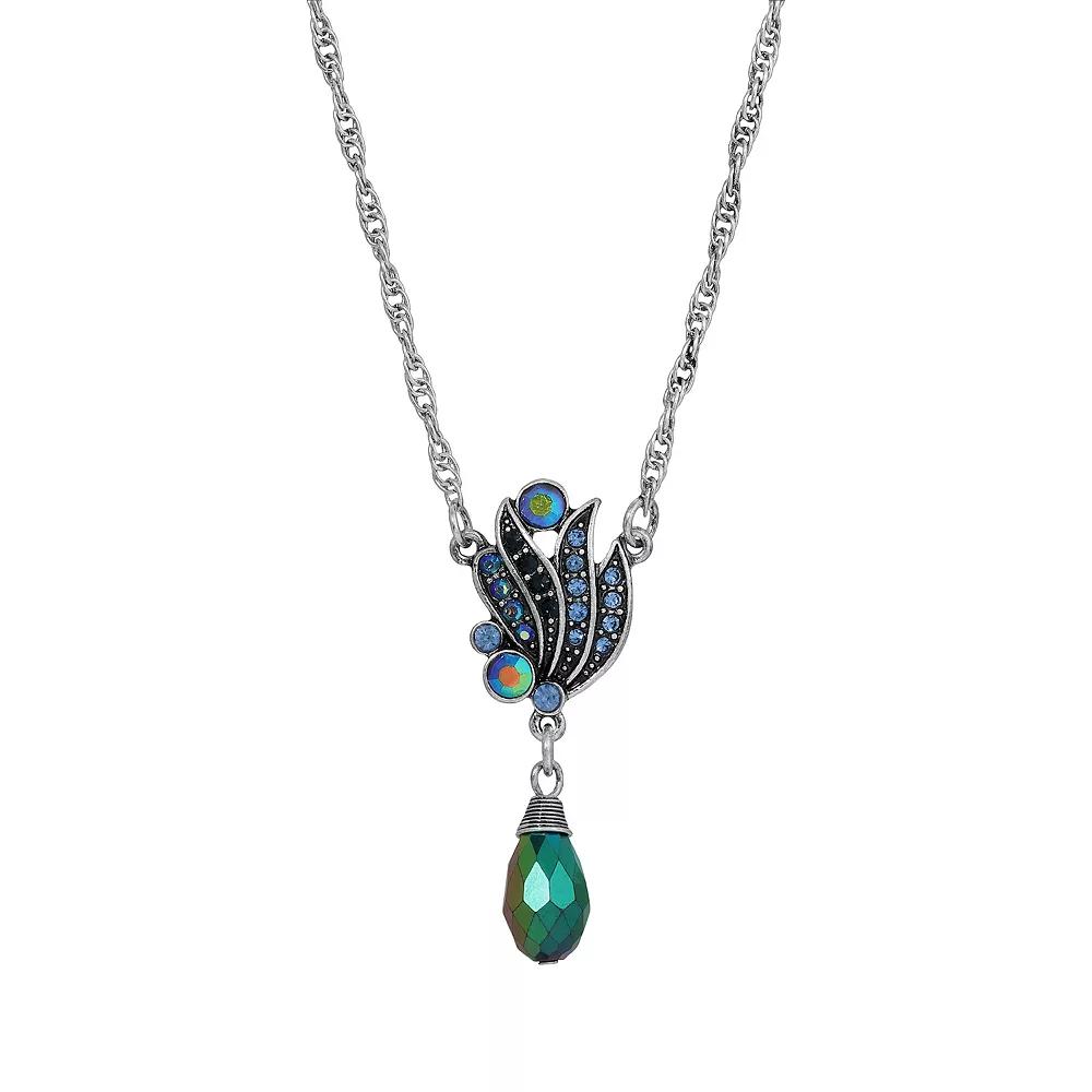 1928 Silver Tone Blue Iridescent Drop Pendant Necklace, Women's Product Image