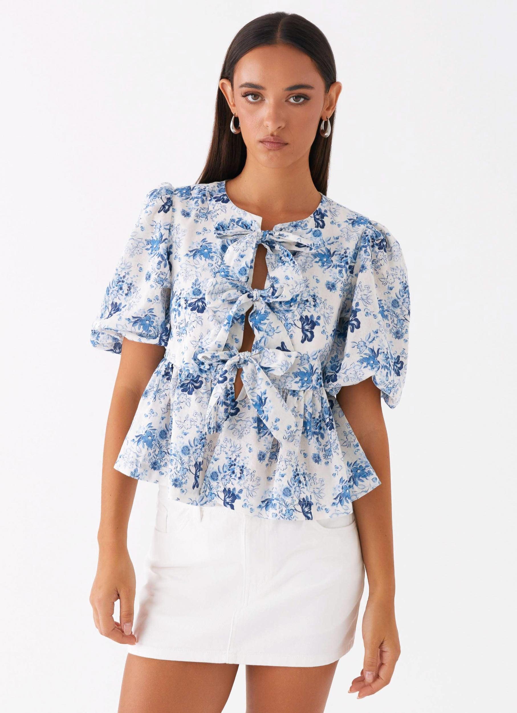 Western Wind Tie Top - Serene Sky Floral Product Image
