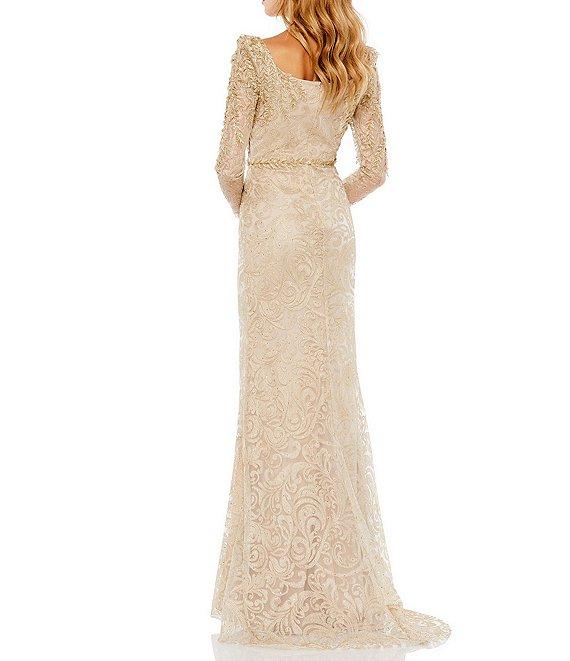 Mac Duggal Embroidered Applique Square Neck Long Sleeve Trumpet Gown Product Image