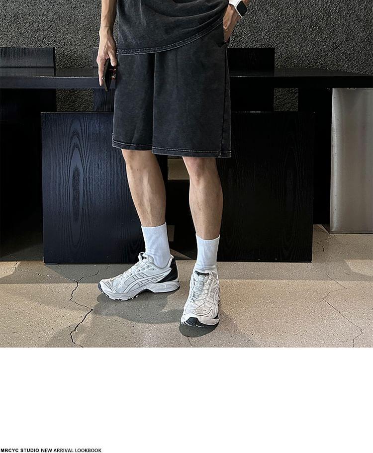 Short-Sleeve Round Neck Plain T-Shirt / Drawstring Waist Shorts Product Image