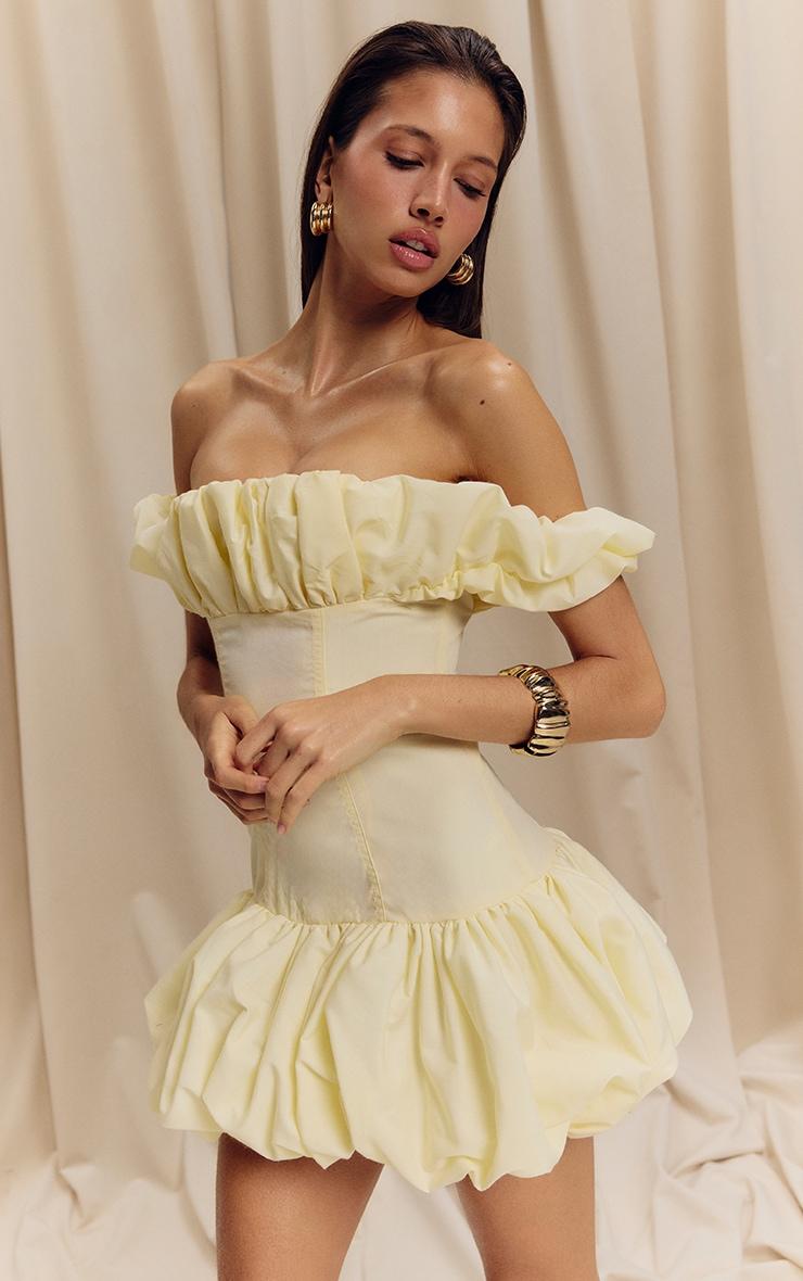 Lemon Ruched Bardot Puff Hem Bodycon Dress Product Image