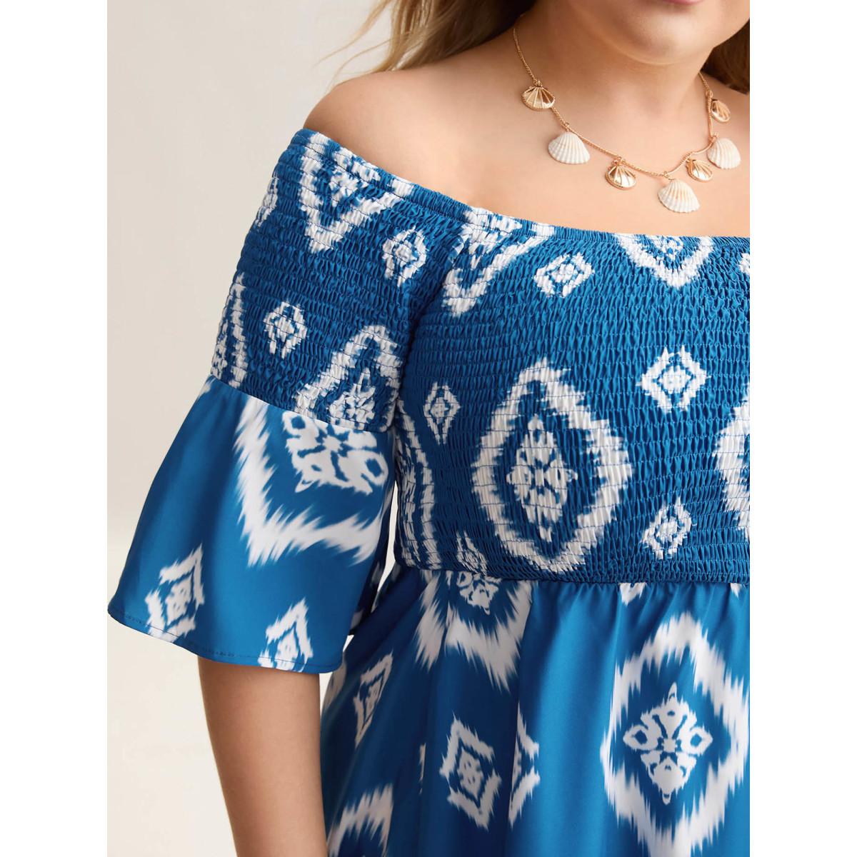 Plus Size Bandana Print Off-Shoulder Pockets Midi Dress Aegean Women Resort Shirred One-shoulder neck Elbow-length sleeve Curvy BloomChic 18-20/2X Product Image