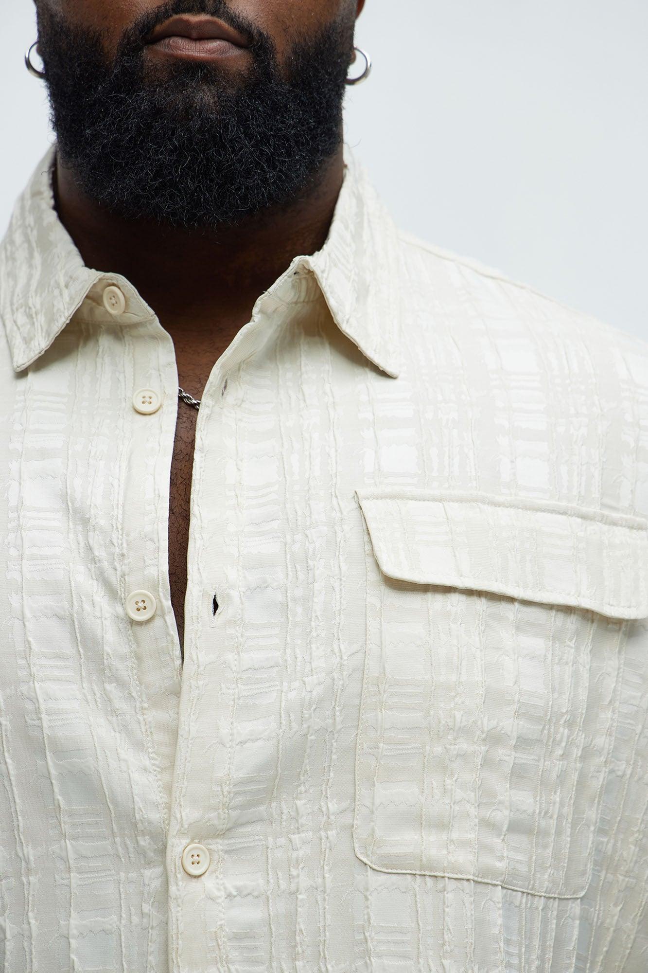 Plaid Crinkle Closed Collar Shirt - Off White Product Image