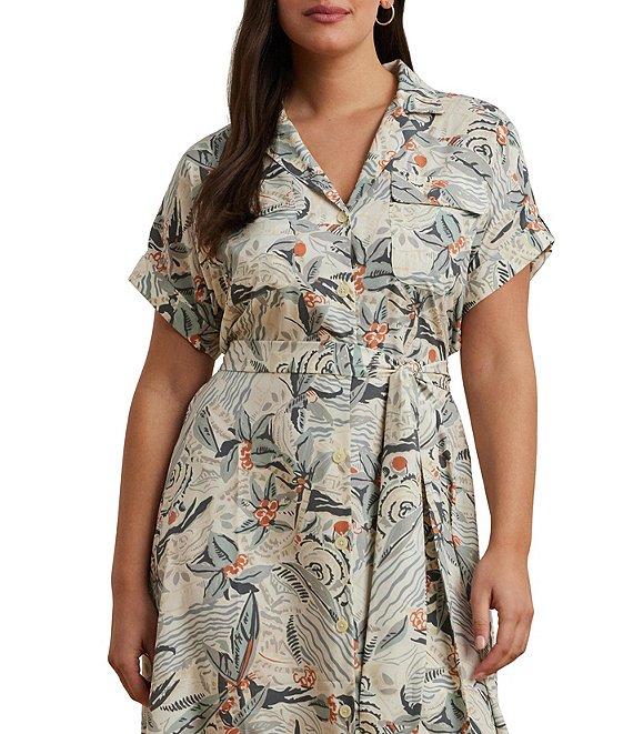Lauren Ralph Lauren Plus Size Crepe de Chine Abstract Print Camp Collar Short Sleeve Belted Shirt Dress Product Image