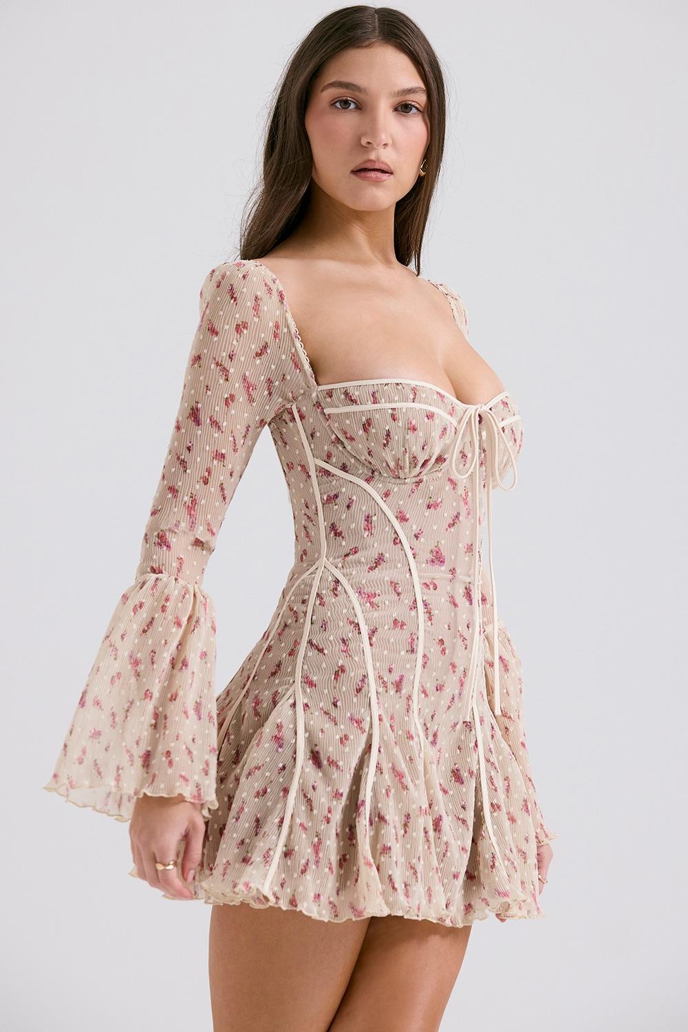 Analissa  vintage cream rose print corset mini dress Product Image