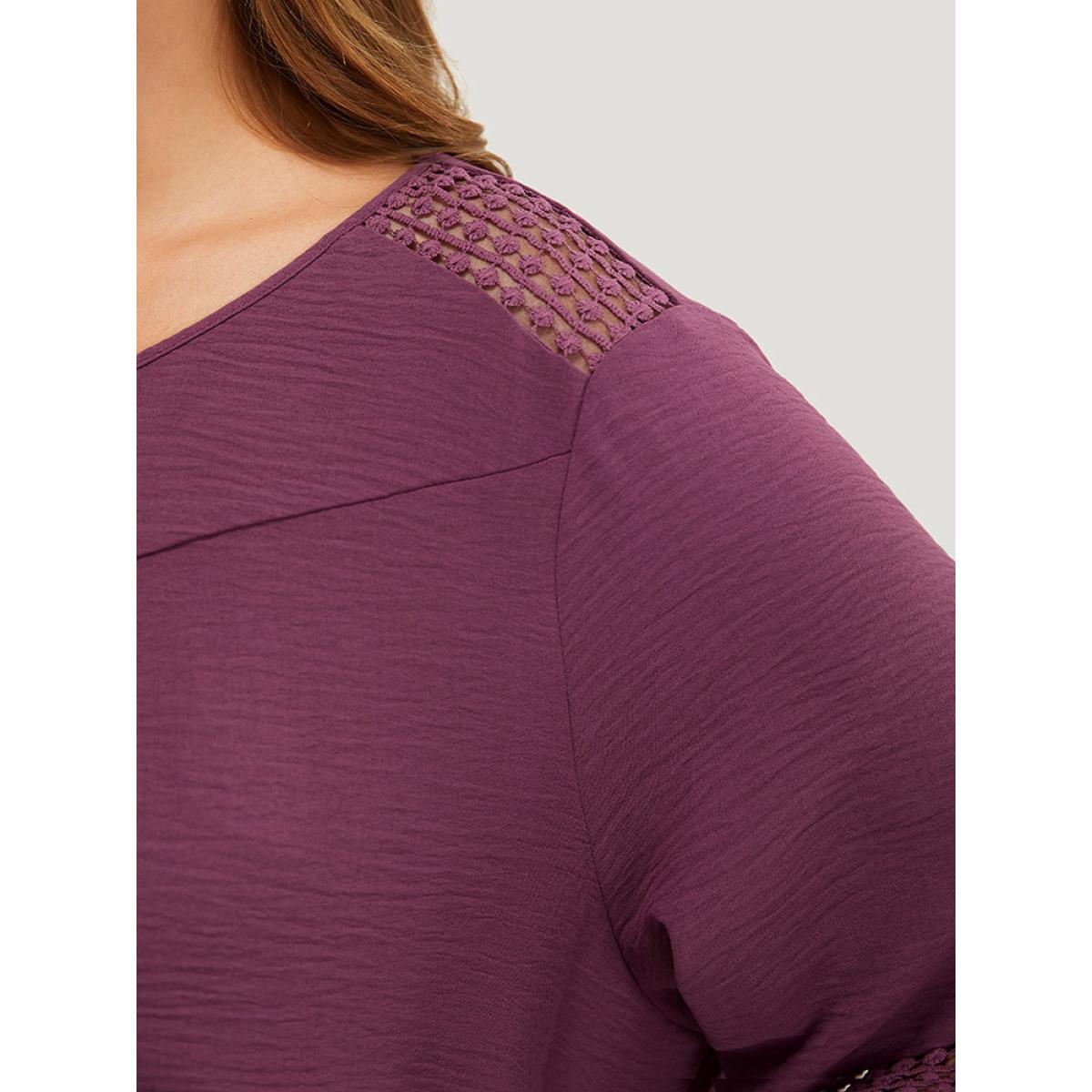 Plus Size Mauve Solid Gathered Lace Patchwork Blouse Women Elegant Elbow-length sleeve Round Neck Dailywear Blouses BloomChic 28/5X Product Image