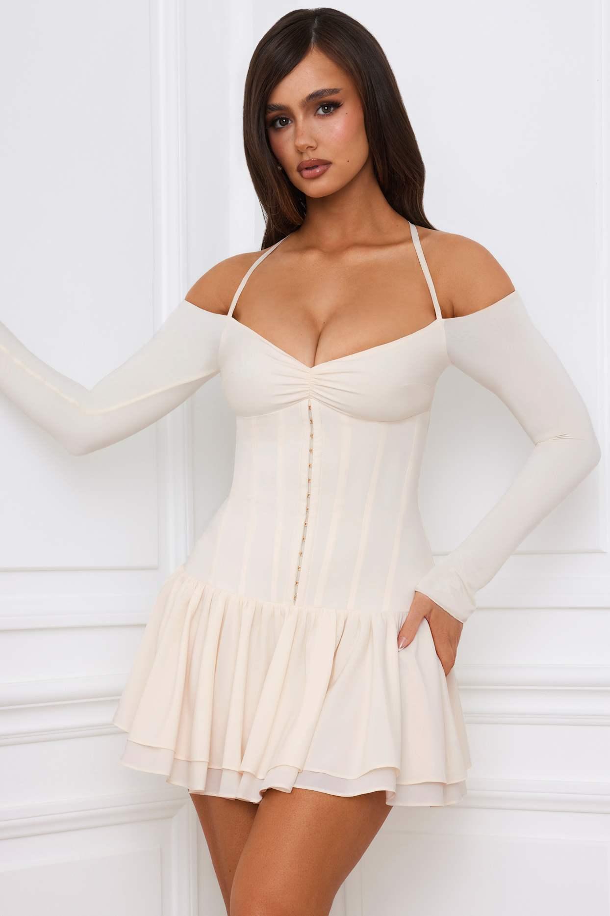 Off-Shoulder Tiered Corset Mini Dress in Ivory Product Image