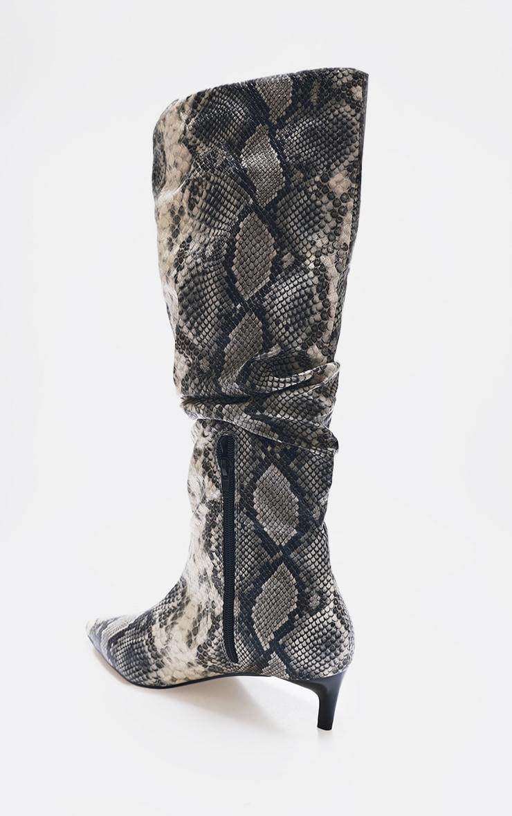 Snake Print PU Wide Fit Gathered Low Heel Knee High Boots Product Image