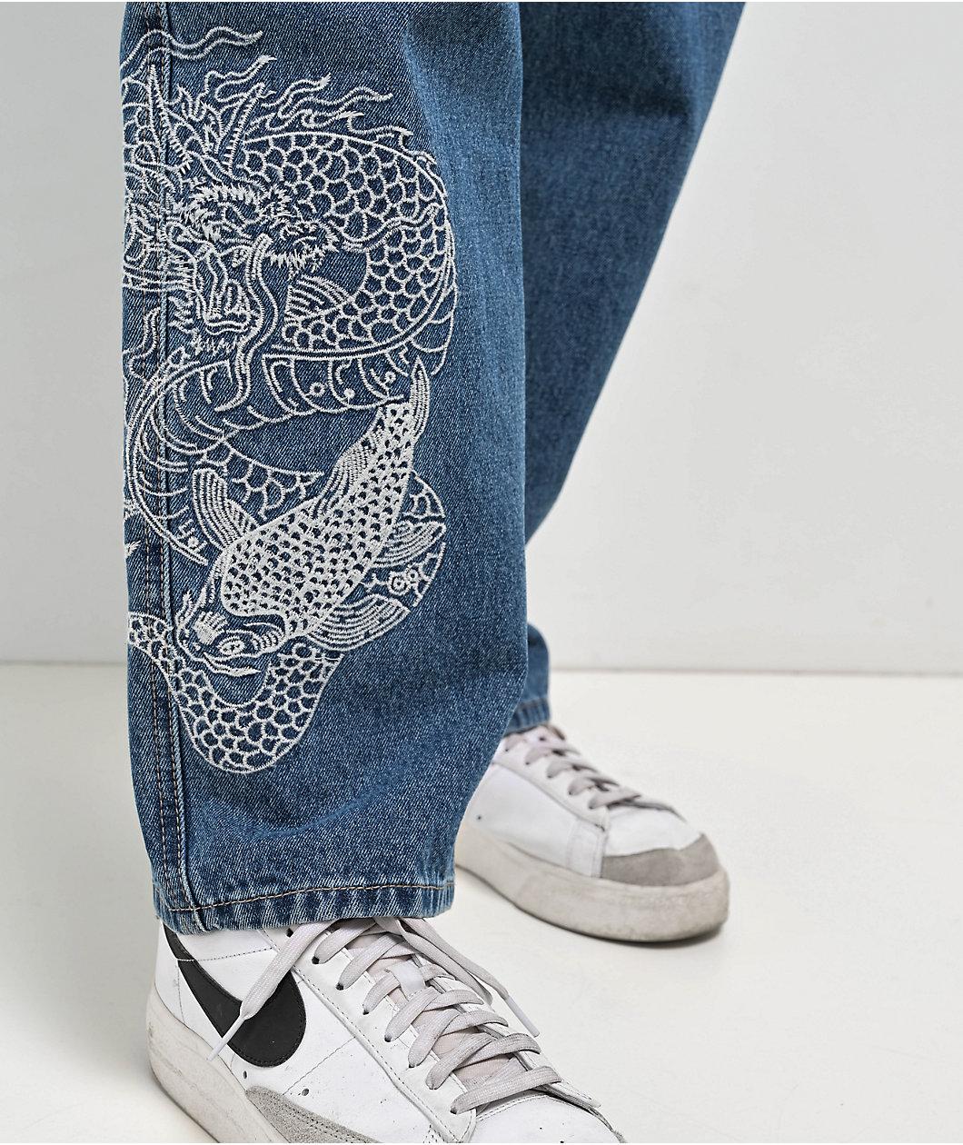 Empyre Tori Dragon Embroidery Blue Denim Skate Jeans Product Image